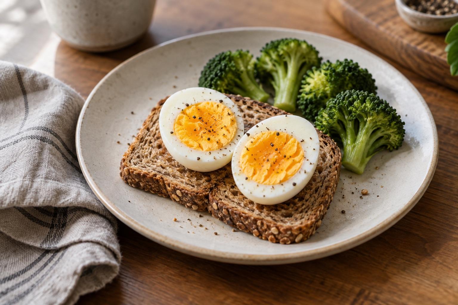 Hard-boiled egg halves on wholegrain toast with broccoli