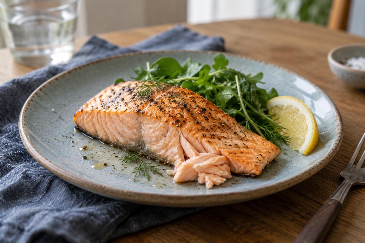 Cooked salmon with greens and lemon on a ceramic plate