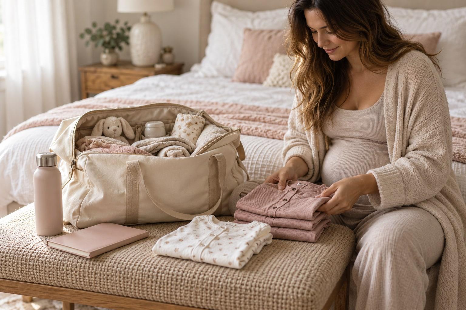 A pregnant woman preparing folded clothes beside a hospital bag in a bedroom