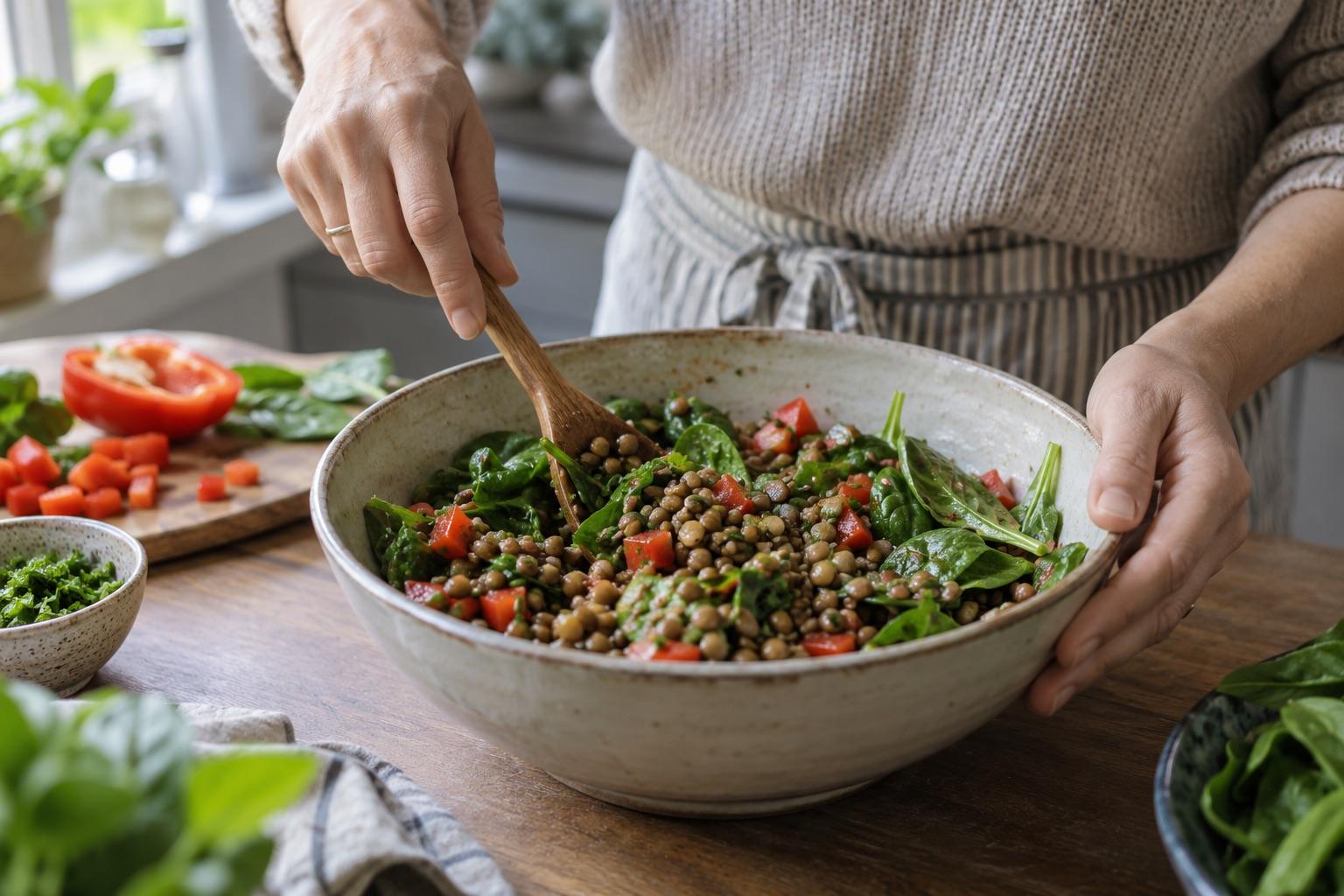 Hands preparing a lentil, spinach and red capsicum salad