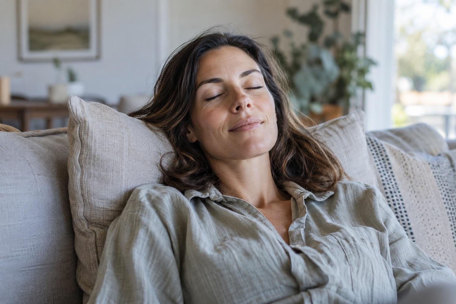 Woman resting on a linen sofa beside a window