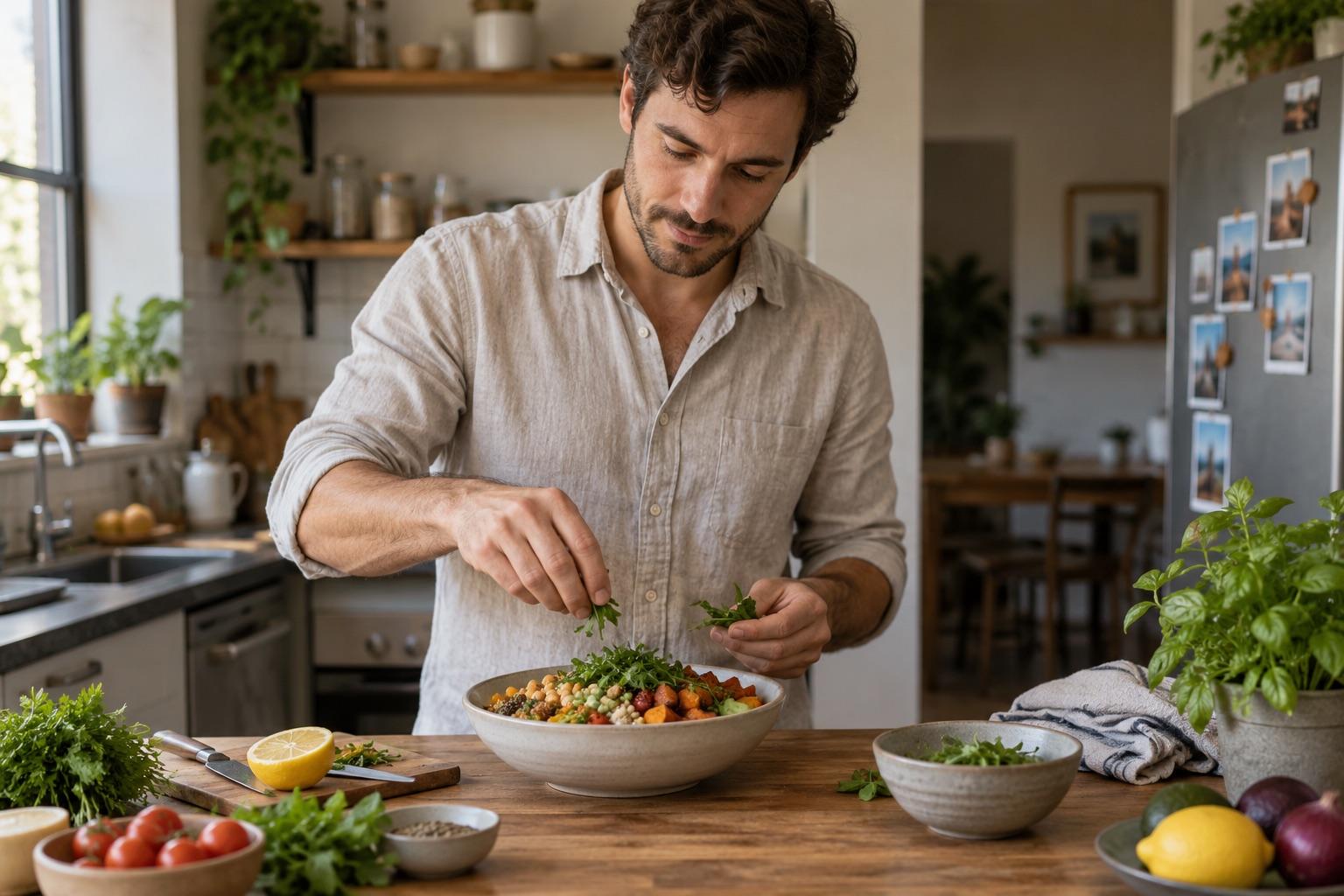 Man preparing a chickpea and vegetable meal in a sunlit home kitchen