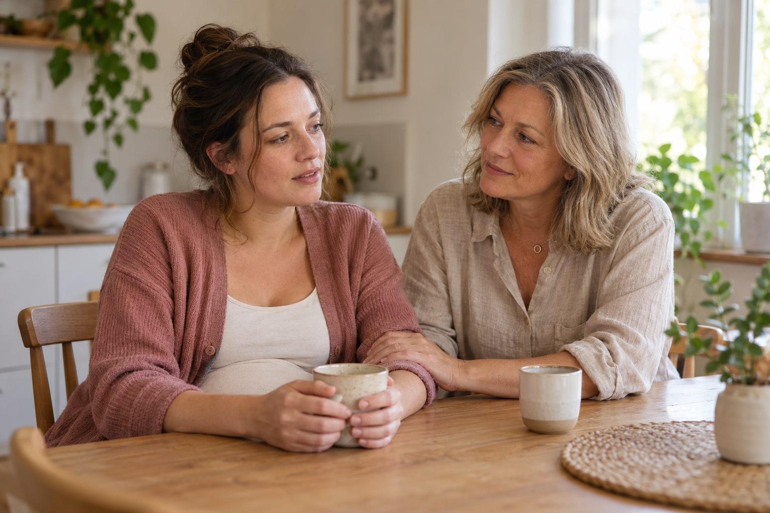 Two women sharing a quiet conversation over tea, with a reassuring hand on an arm