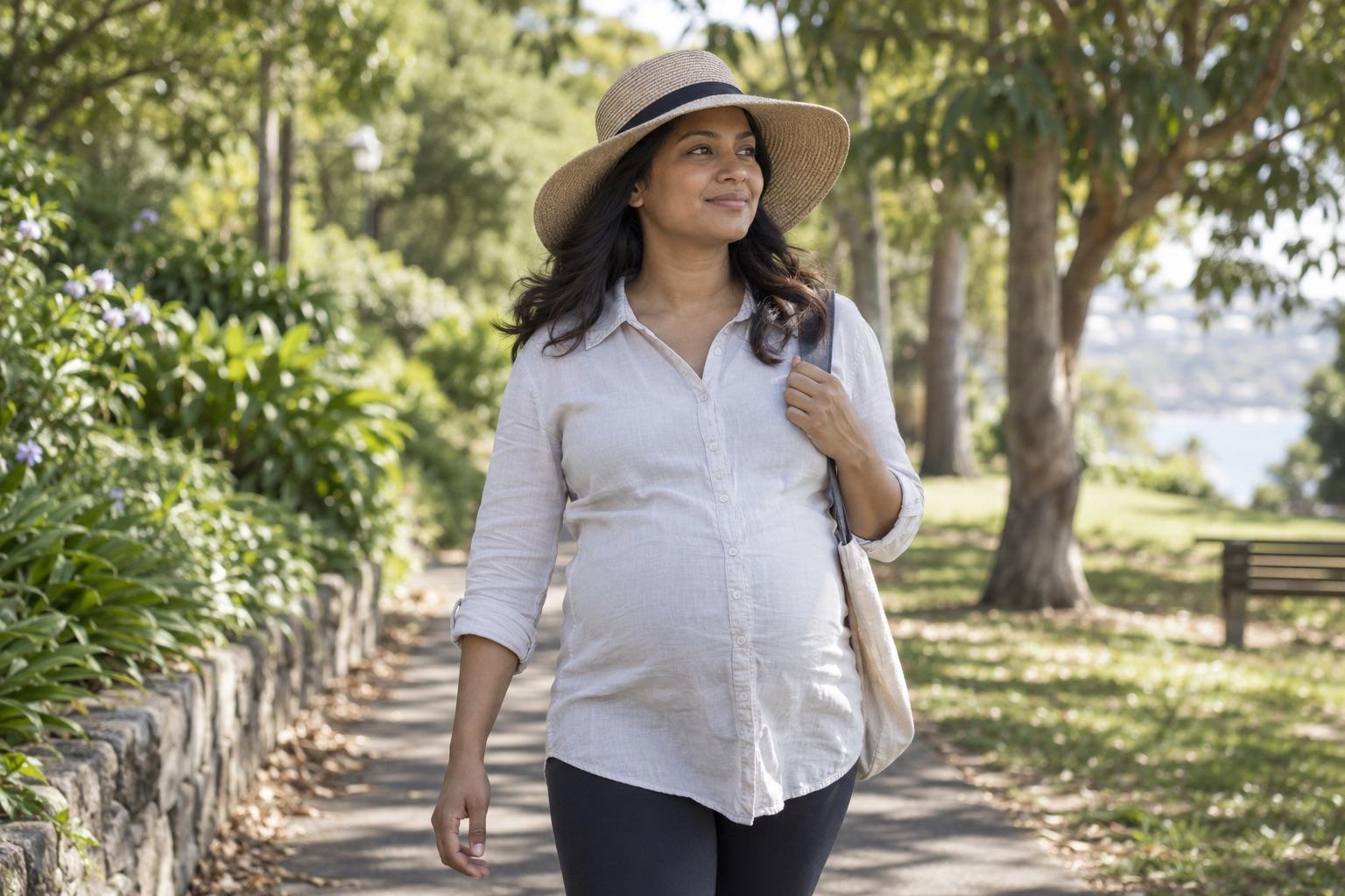 Pregnant woman wearing a sun hat on a leafy park walk