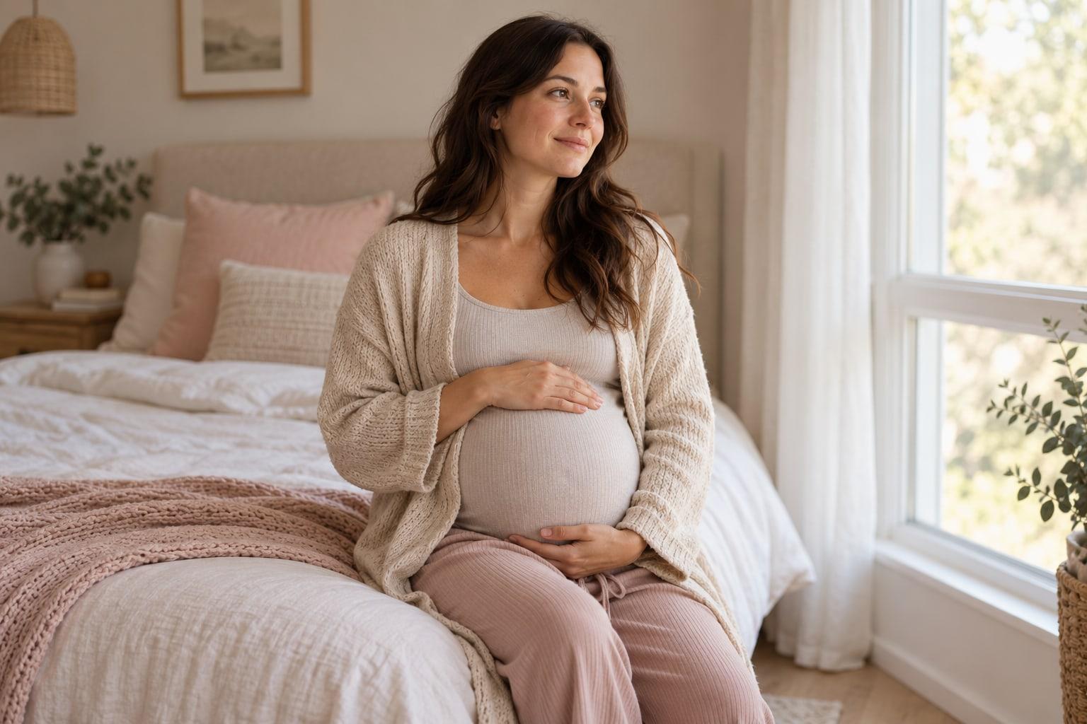 Pregnant woman resting a hand on her bump beside a bedroom window
