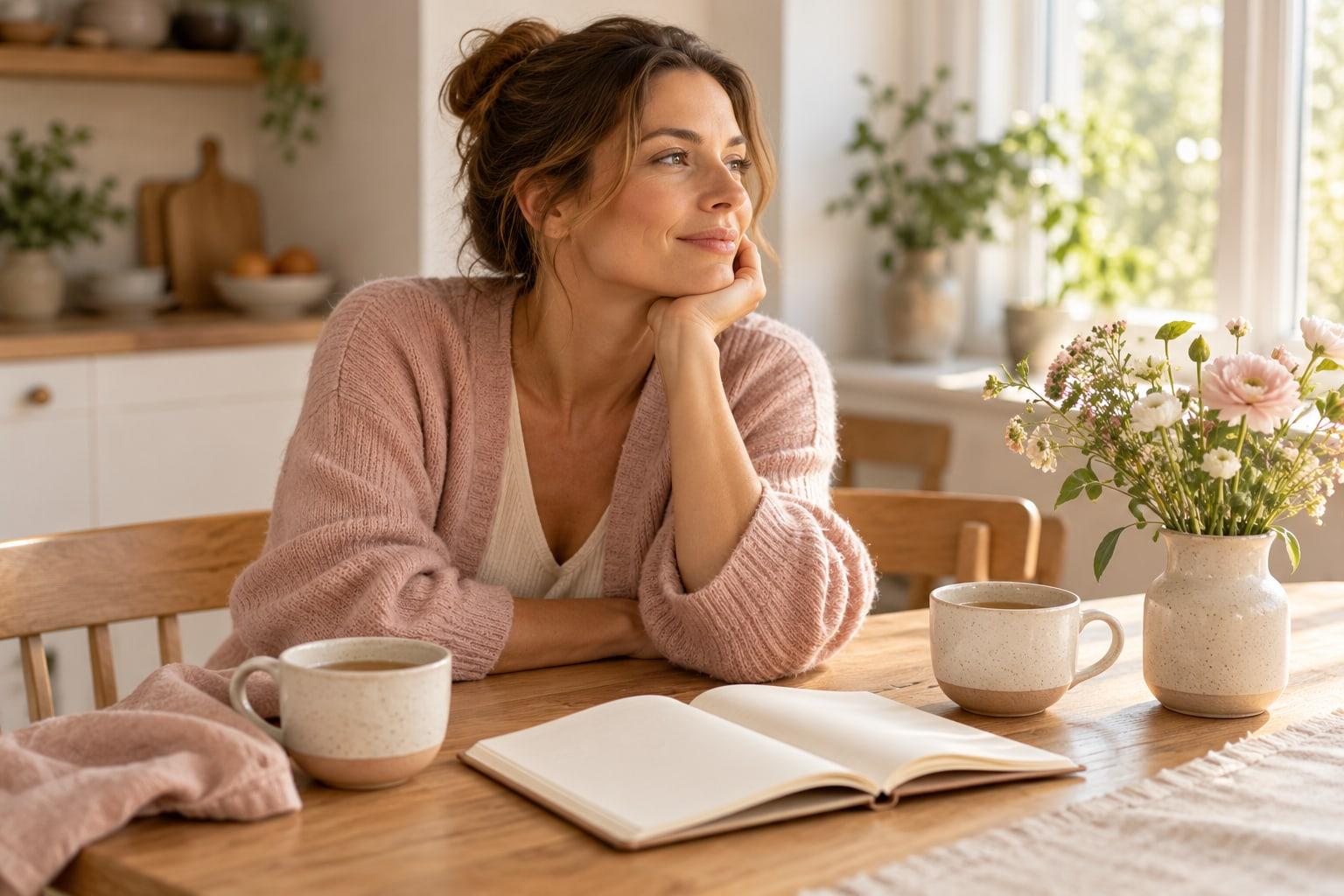 Woman sitting with a notebook at a sunlit kitchen table