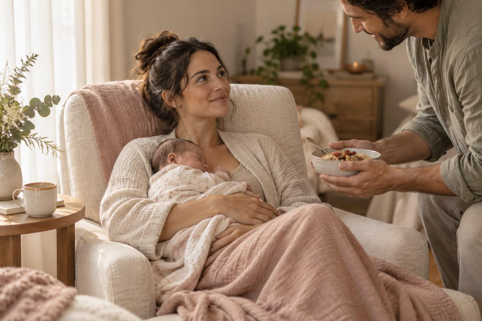 Mother holding her newborn while her partner brings a meal