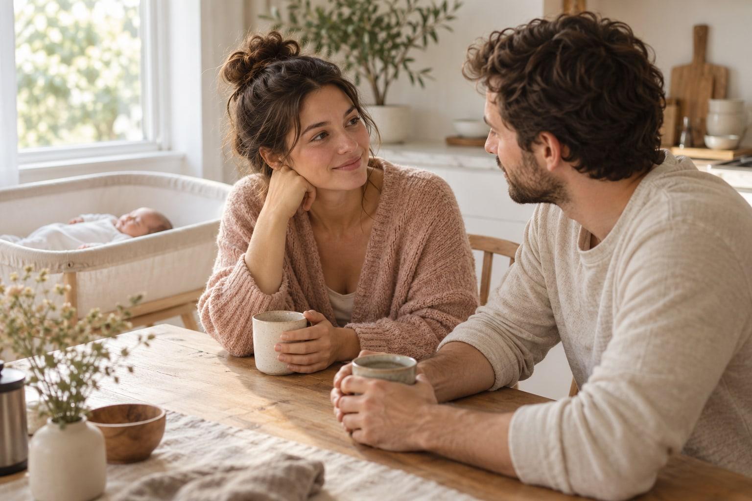 Two parents sharing a quiet conversation while their newborn rests nearby